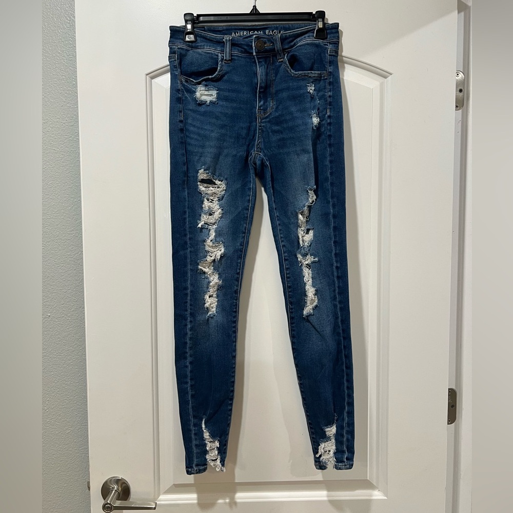 American Eagle Outfitters Women's Dark Blue Ripped Skinny Jeans